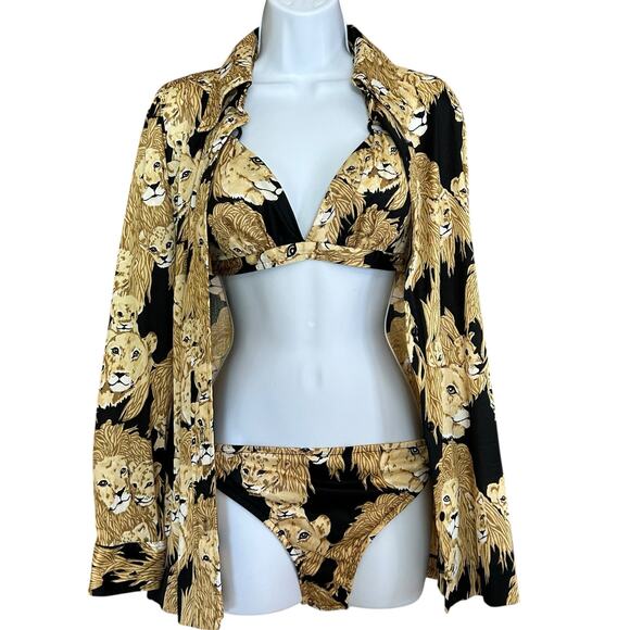Vintage 70s Lion Print Bikini & Cover Up Set The Twins Inc. Miami L - Picture 1 of 9